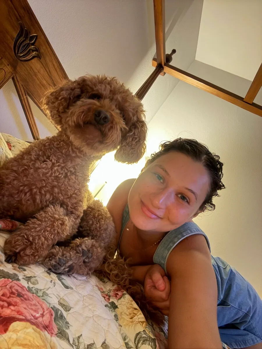 Un barboncino tranquillo sul letto di casa sua, con me accanto